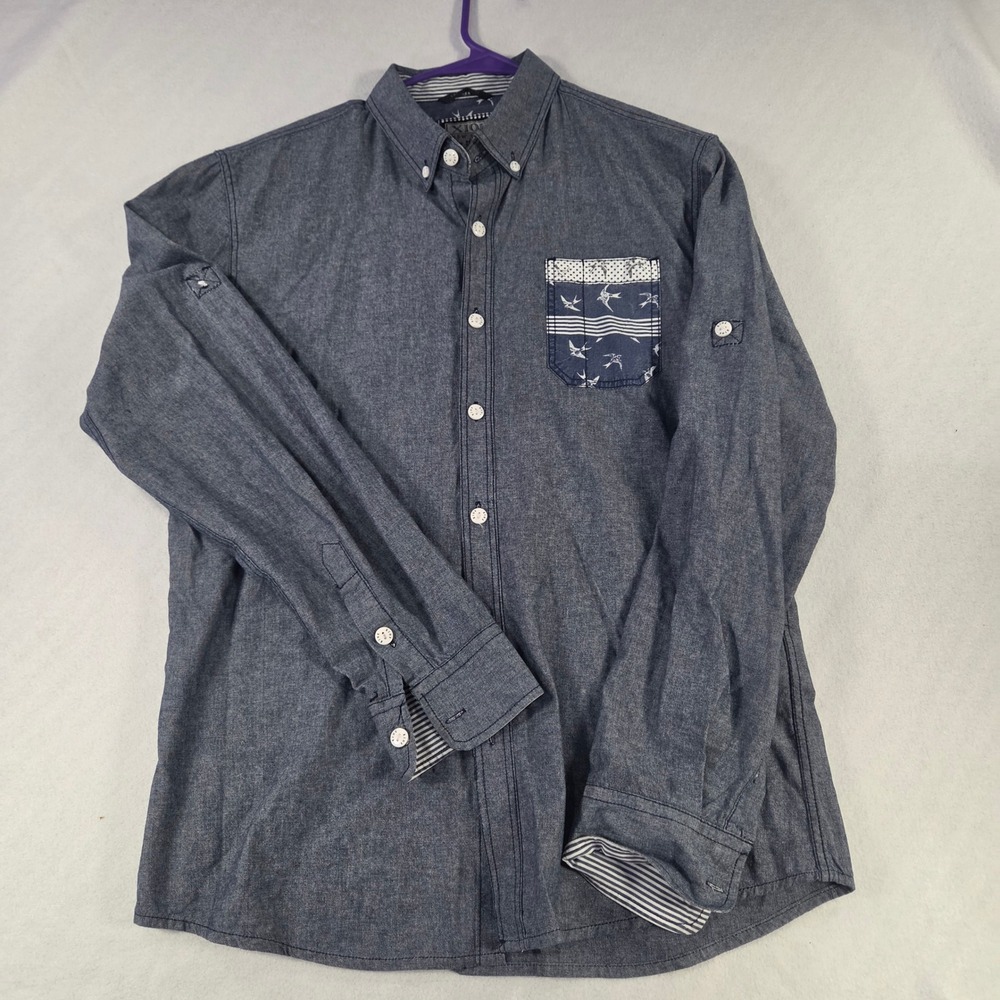 XIOS New York Mens Blue Cotton Button Down Shirt Bird Pocket Tapered Fit Size M